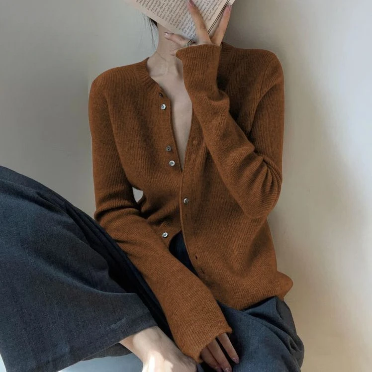 法式焦糖色针织开衫女2025秋秋季外穿修身内搭毛衣打底短款上衣