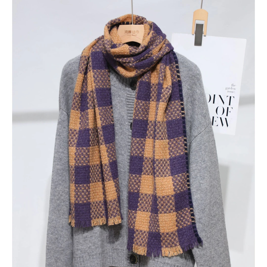 山羊绒双面针织高级搭配紫咖撞色格子180*30长巾围巾披肩外搭L242