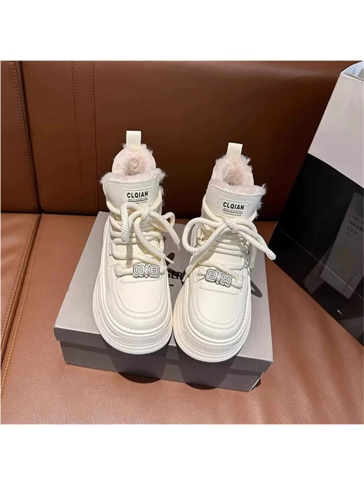 真皮小白鞋女2025秋冬新款加绒高帮绑带休闲运动棉靴