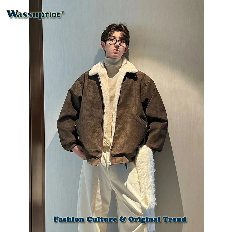 Wassup TIDE冬季美拉德毛领雾面PU皮棉服加绒加厚保暖百搭外套