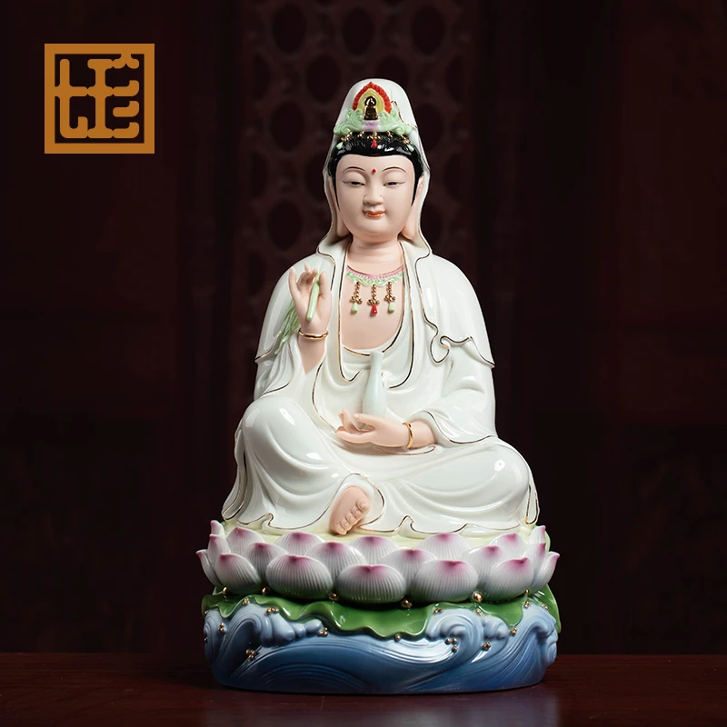 七珍陶瓷瓷像工艺品《水荷自在观音彩绘》南海观世音居家用荷花