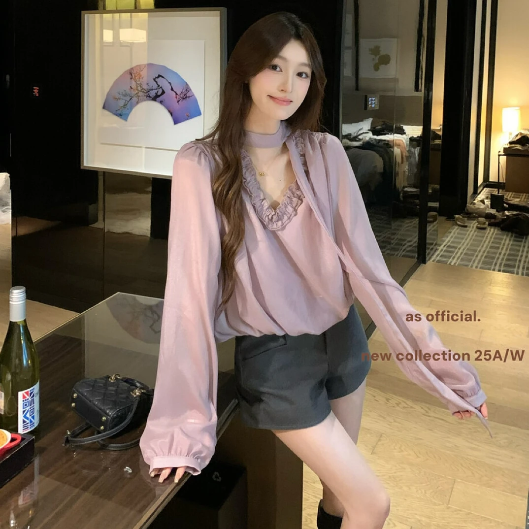 【紫藤花信】法式长袖立体木耳边飘带衬衫早秋宽松气质设计感上衣女