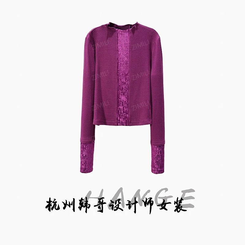 【韩哥女装】2025秋冬新品《绫罗系列》绛紫色拼接丝绒上衣26125-B1