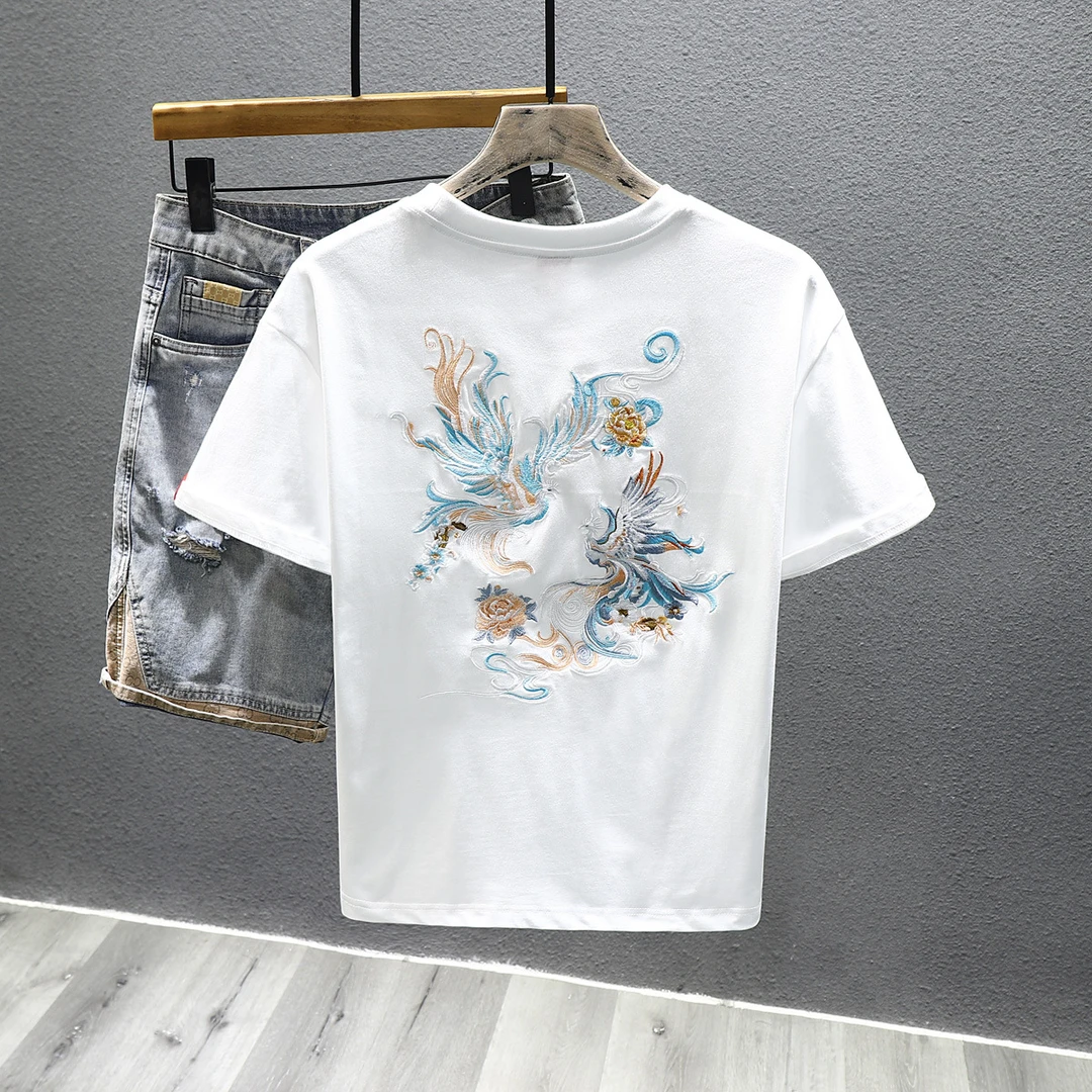 中国风凤凰刺绣棉短袖t恤男2025夏季国潮宽松圆领休闲半袖体恤衫