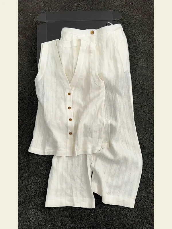 2025超火夏装一整套大方得体干练气质棉麻亚麻白色马甲套装裤女