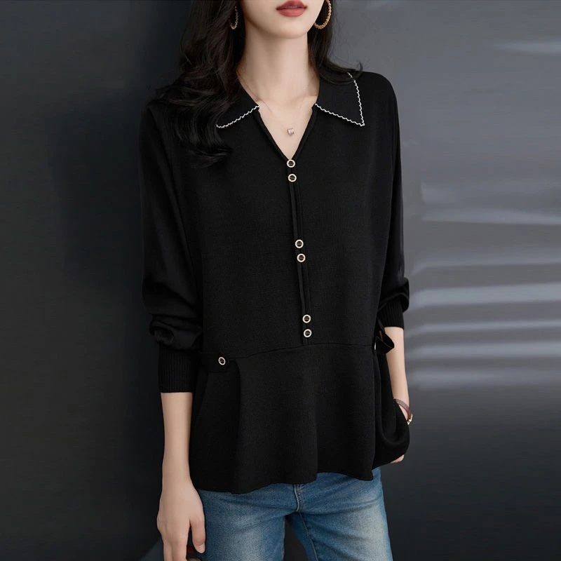 薄款针织拼接插肩袖复古显瘦通勤衬衫时尚秋季气质宽松洋气上衣女