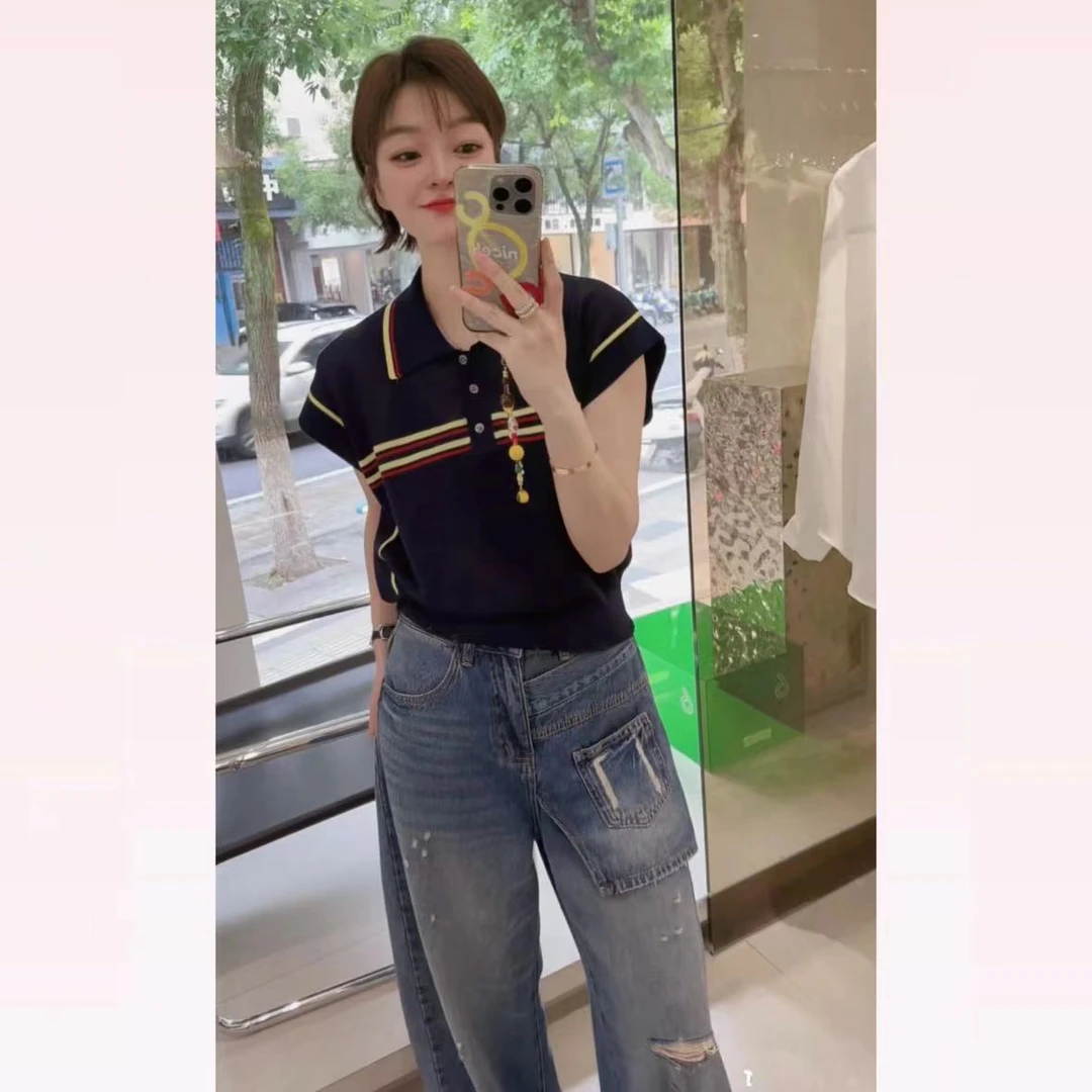 春苗女装    欧黄拼藏青针织衫   新款时尚设计感针织衫