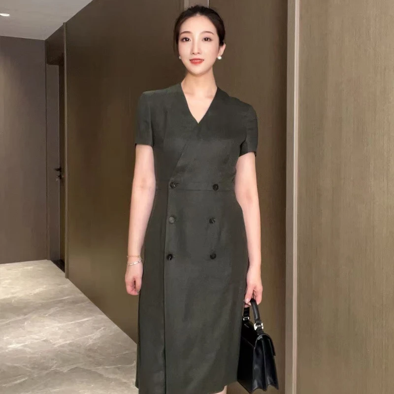 ZEZI【钱老板专属】【博肯裙】亚麻双排扣连衣裙Z12C410Q