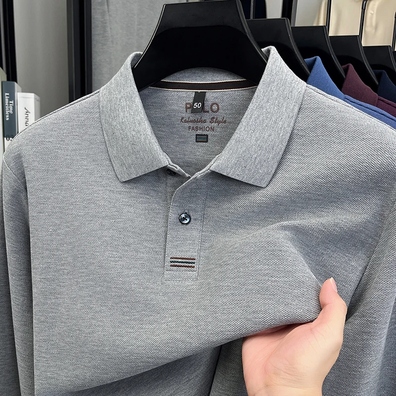 【100纯棉】男士POLO衫春秋新款透气棉长袖商务休闲纯色宽松上衣T恤