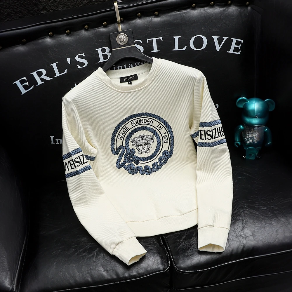 温纽旺重工刺绣圆领长袖卫衣男士秋冬高级男士打底衫衣服