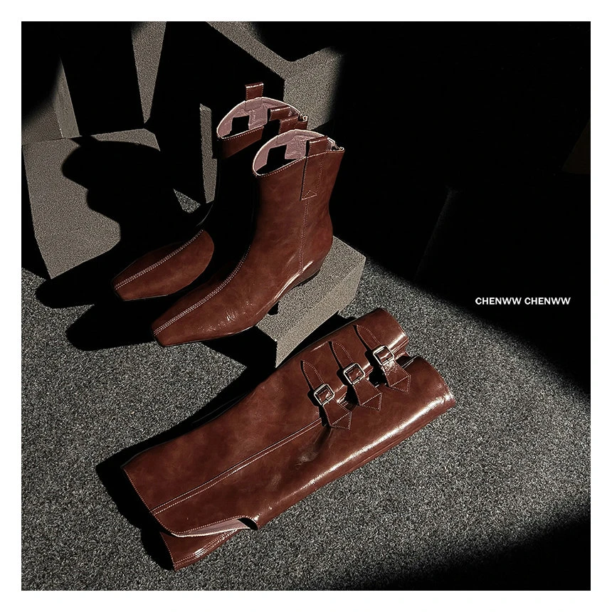 【CHENWW】两穿复古美拉德扣件版高级感穿搭靴子方头内增高百搭女靴