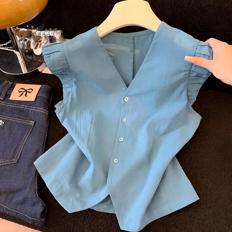 2025超火减龄款蓝色v领小飞袖上衣漂亮法式独特漂亮洋气早秋小衫
