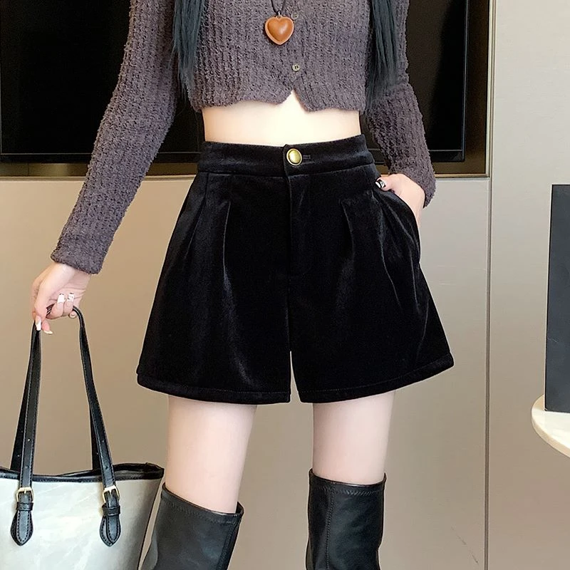 黑色金丝绒短裤女秋冬天小个子外穿加绒显瘦宽松阔腿a字打底靴裤