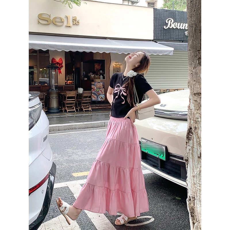 曾小咸 蝴蝶结印花短袖T恤女2025春粉色半身裙两件套Z251SSR0939