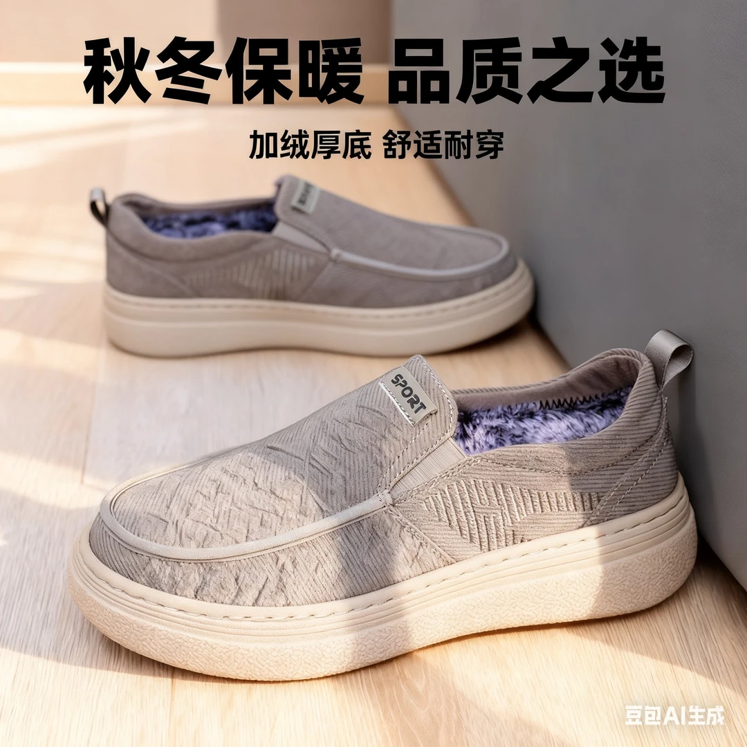 广州冬季素面防滑一脚蹬圆头套筒保暖布鞋加绒豆豆干净感痞帅男鞋
