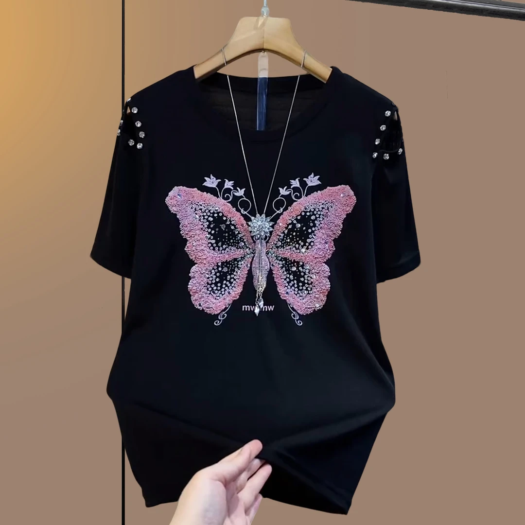 夏季大码女装胖妹妹遮肉显瘦短袖半袖镶钻上衣黑色小衫休闲百搭62
