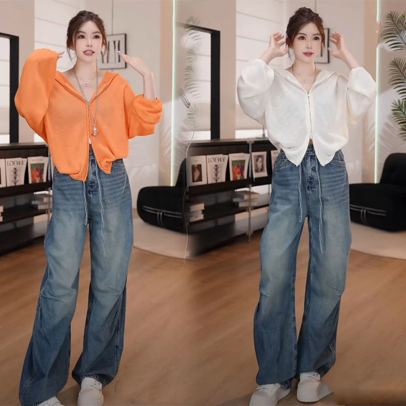 2025秋季慵懒风穿搭宽松短款连帽长袖针织开衫直筒牛仔裤子两件套