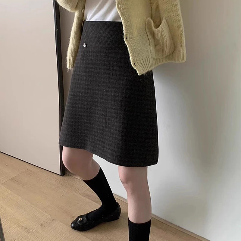 复古格子毛呢半身裙秋冬女装时尚大码羊毛胖m高腰中裙到膝盖A字裙