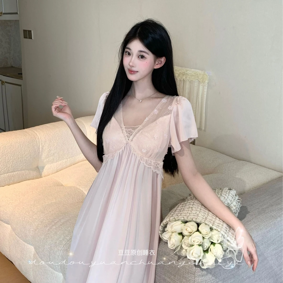 豆豆【蜜桃甜梦】月光丝短袖睡裙带胸垫高腰显瘦夏季显高显白睡衣女