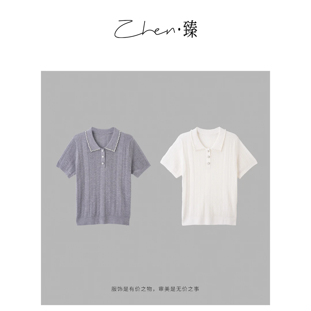 ZHEN·臻 欧货小香风手工钉珠气质翻领精致针织短袖SY8074Z