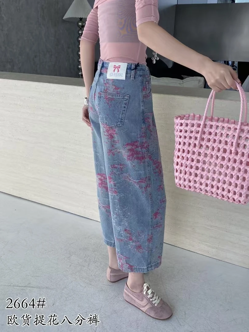 休闲风刺绣长裤直筒裤印染牛仔裤八分裤高腰时尚提花水洗印花
