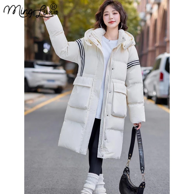 超好看条纹加厚保暖羽绒服女中长款2025冬季新款宽松洋气连帽外套
