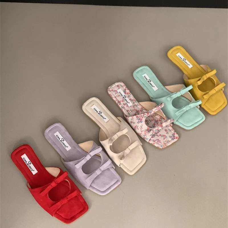 韩版方头镂空蝴蝶结凉拖鞋女2025年春夏季新款法式绒面外穿度假鞋