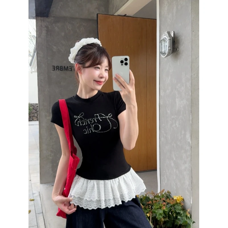 【现货】休闲蝴蝶结短袖t恤女夏季正肩体恤胖MM遮肉显瘦上衣-6756