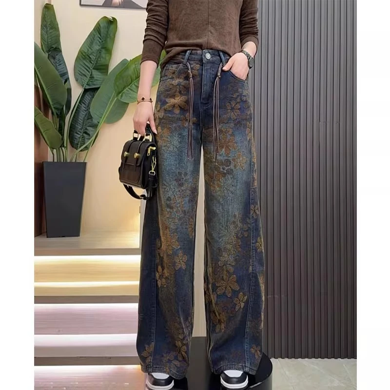 牛仔裤女2025秋季新款韩版时尚复古做旧阔腿裤洋气百搭刺绣长裤子