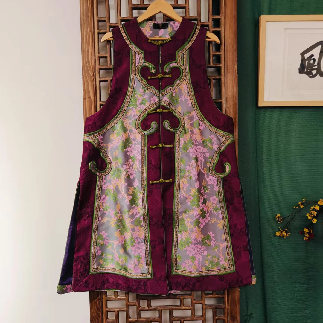 凤徕兮私人定制紫底碎花拼紫色如意边对襟盘扣马甲（LS578）