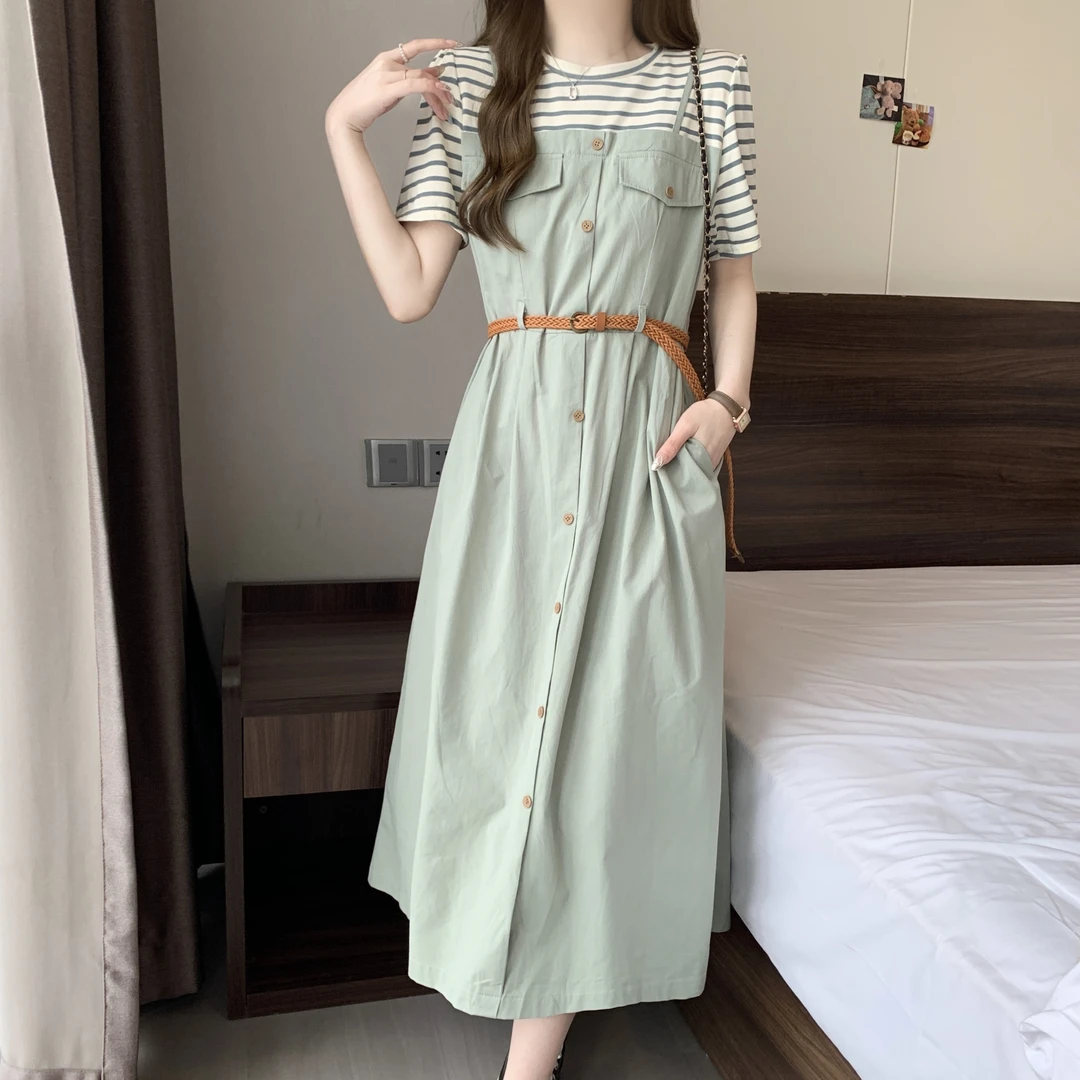 大码女装夏季新款胖mm法式拼接设计感长裙子减龄显瘦假两件连衣裙