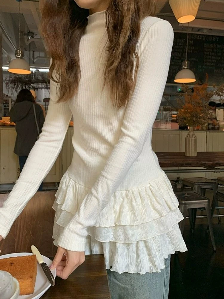 羊绒新款半高领长袖t恤女蛋糕裙修身蕾丝花边内搭打底衫上衣