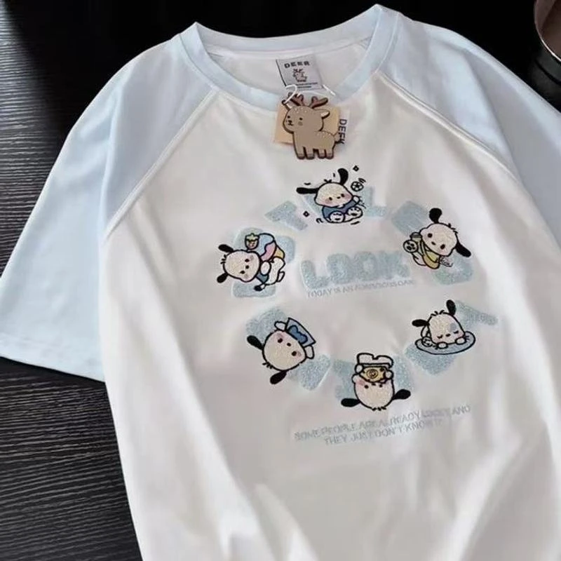 韩版帕恰狗插肩毛巾绣男女生宽松百搭卡通休闲圆领短袖T恤上衣潮