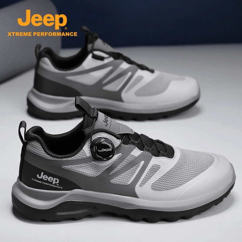 JEEP吉普男士运动跑鞋2025新款网面透气舒适旋转纽扣免系带徒步鞋