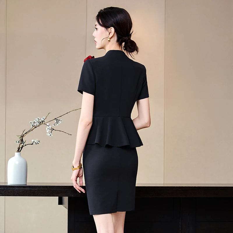 荷叶边西装套装女短袖售楼部职业美容师修身气质夏季面试工作服OL