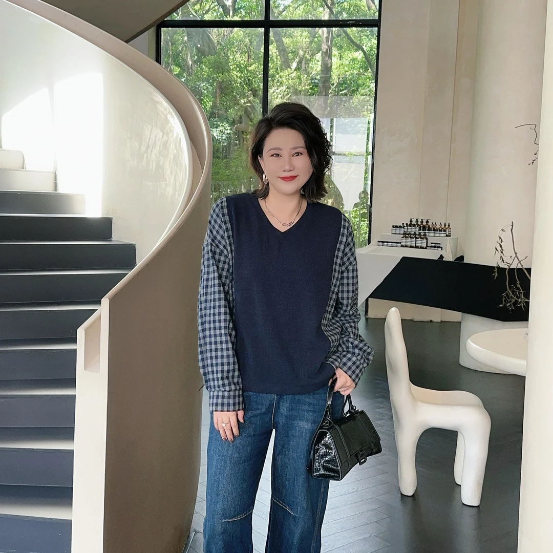 微胖女装【英伦格拼接毛衣】秋季新款格子假两件拼接套头毛衣55328