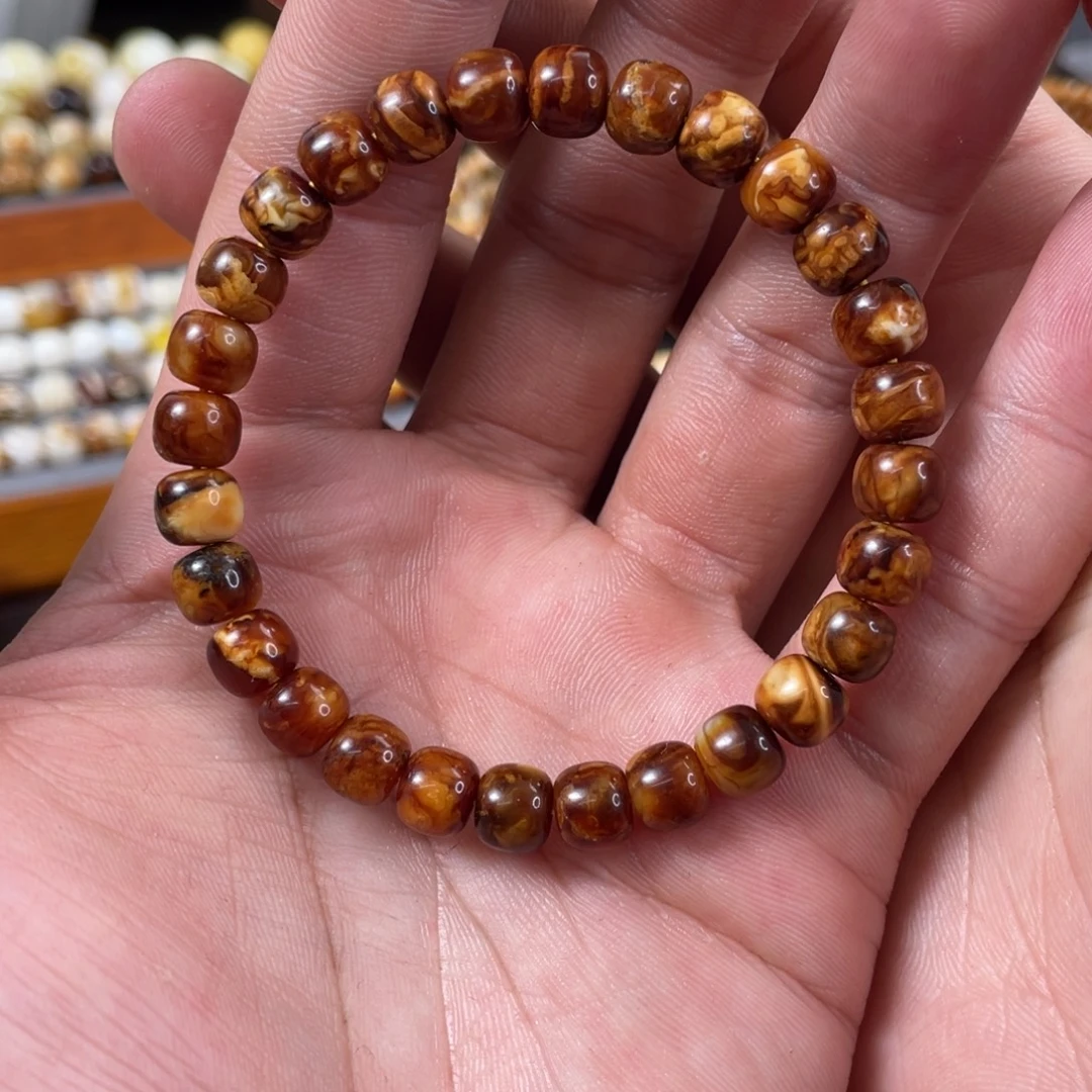 琥珀未镶嵌珠宝奇石7.5mm深红咖沁色虎皮老型手串