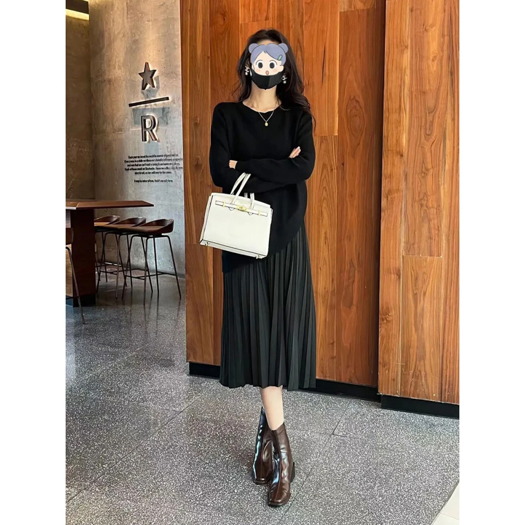 高级感假两件气质连衣裙女2025秋冬中长款宽松遮肚拼接过膝连衣裙