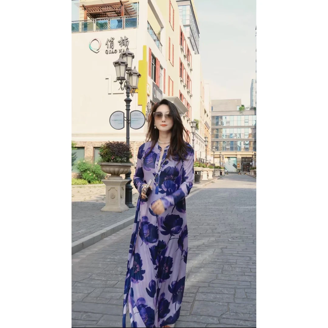 HZHJ原创设计师款 紫荷花连衣裙 长袖显瘦高级洋气轻奢1963