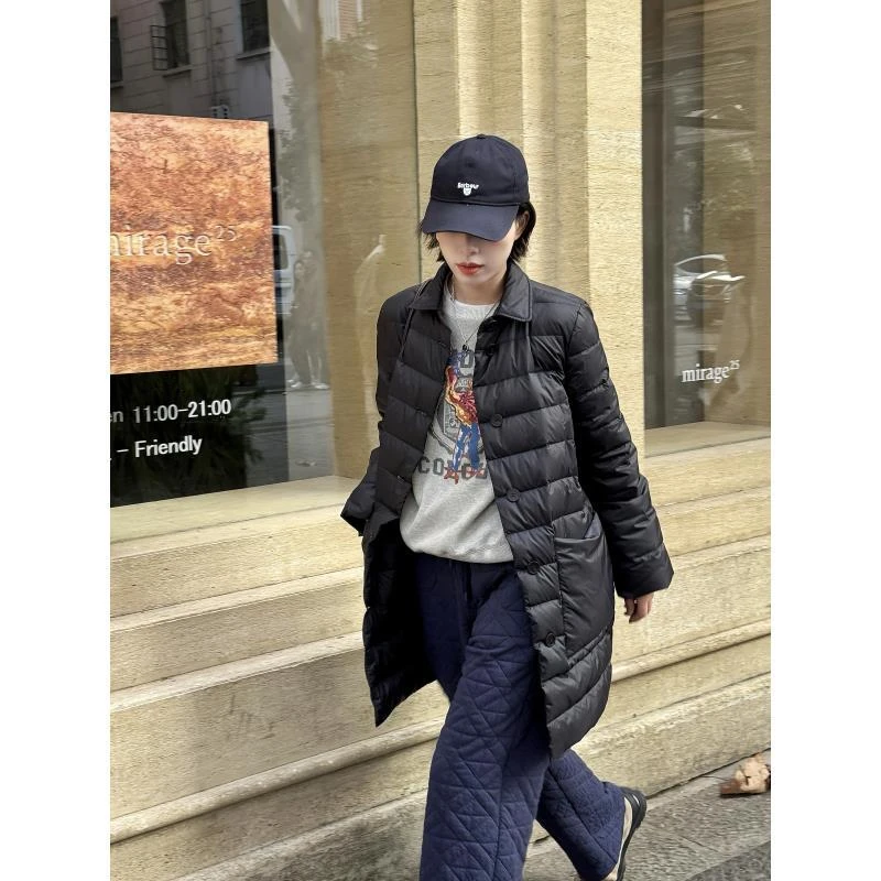 LANGQING 冬季宽松休闲翻领中长款白鹅绒羽绒服160260#