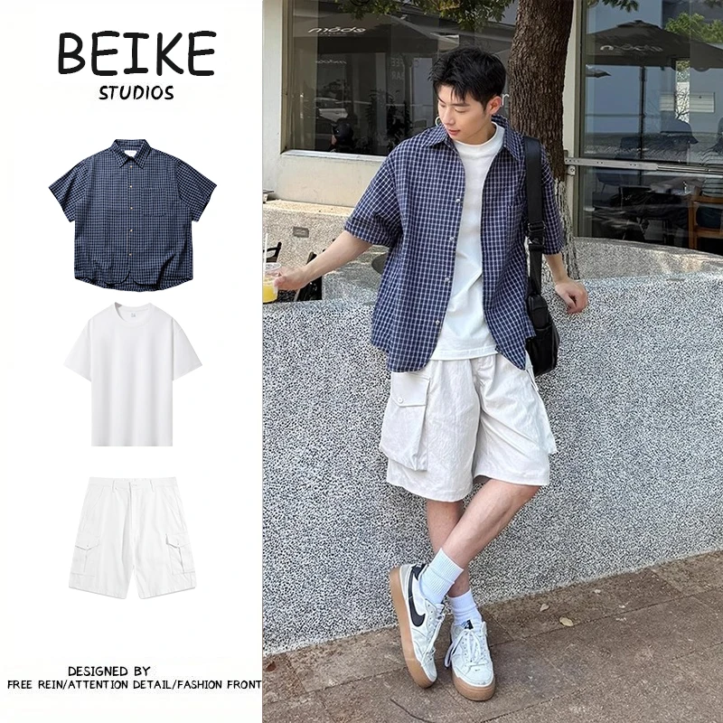 薄款/单件蓝格子短袖衬衫男款爆款纯棉夏季百搭宽松休闲ins衬衣潮