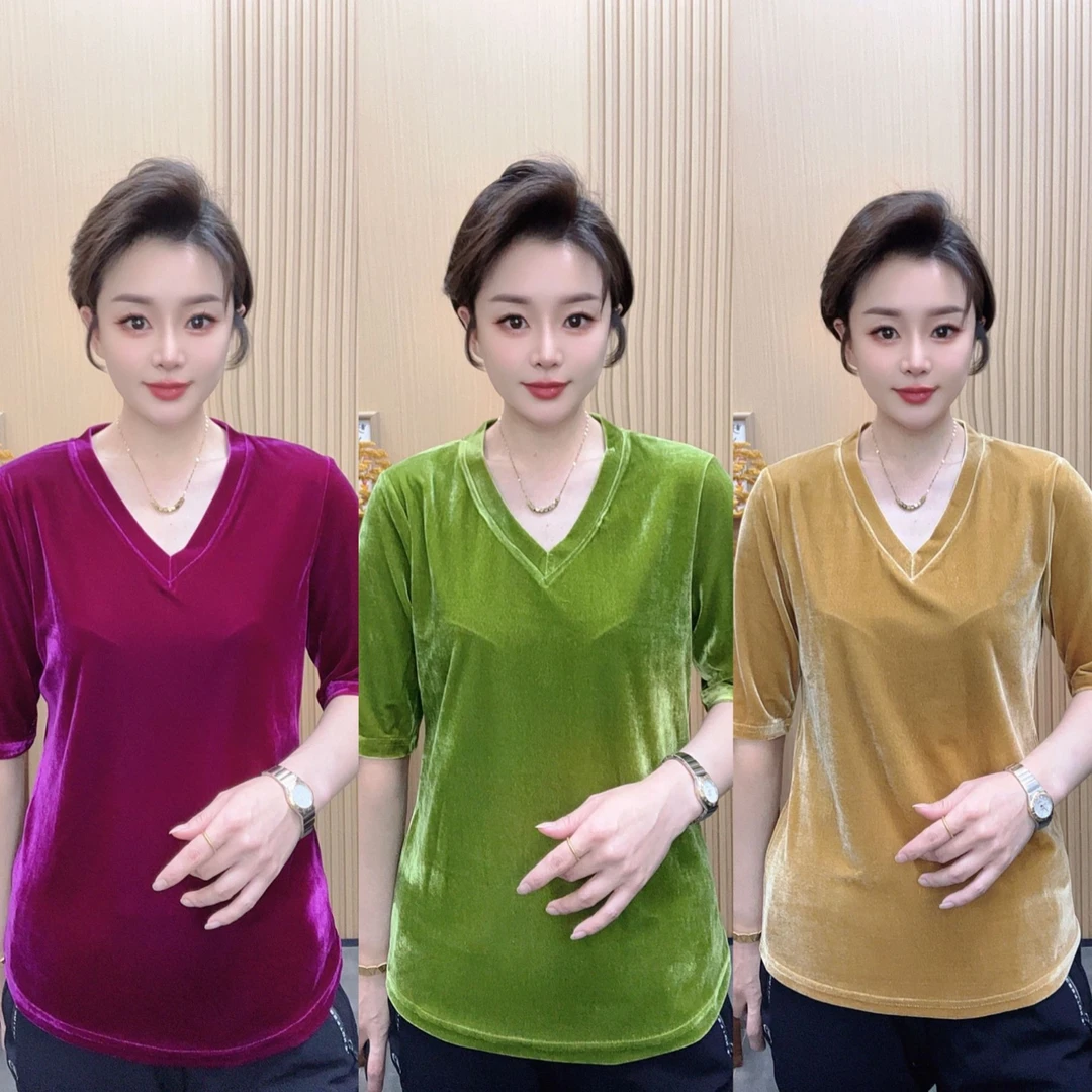彩色丝绒V领百搭T恤纯色洋气四季款休闲四面弹力显瘦遮肚女士