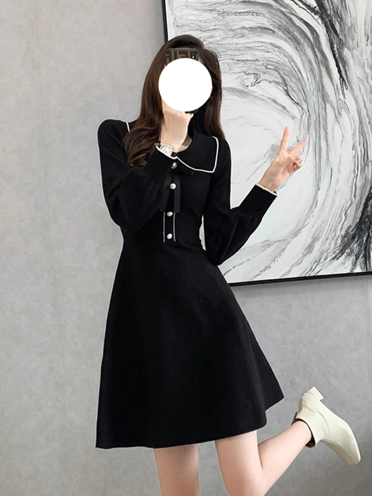 法式收腰针织裙女秋冬新款套头打底内搭小个子A字显瘦休闲连衣裙