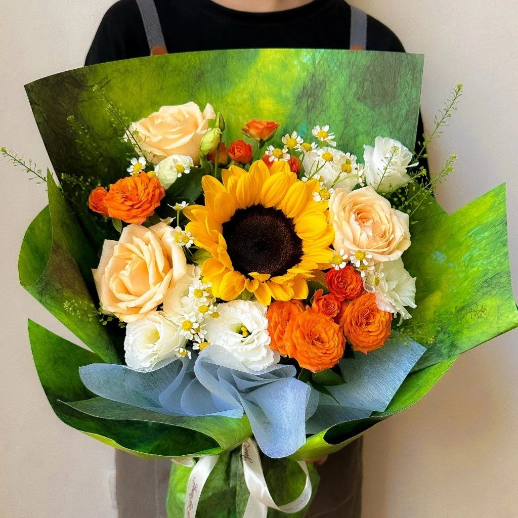 【梵高的油画】1朵向日葵3朵香槟混搭花束送老师教师节花束礼物生日礼物鲜花花店送花上门A5