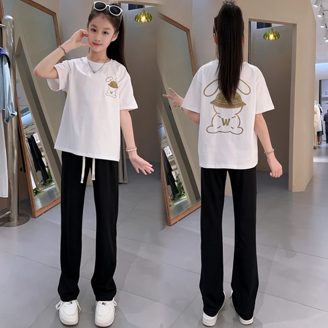 女童夏季T恤套装2025新款洋气女大童上衣女孩时尚阔腿裤两件套潮