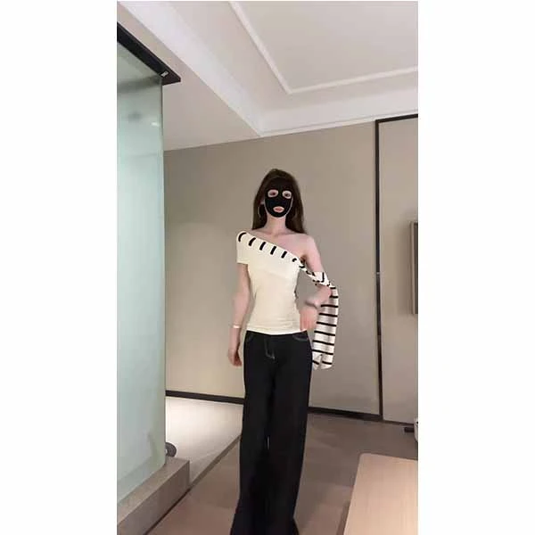 性感辣妹气质露肩条纹短袖T恤2025夏季新款修身显瘦飘带上衣女装