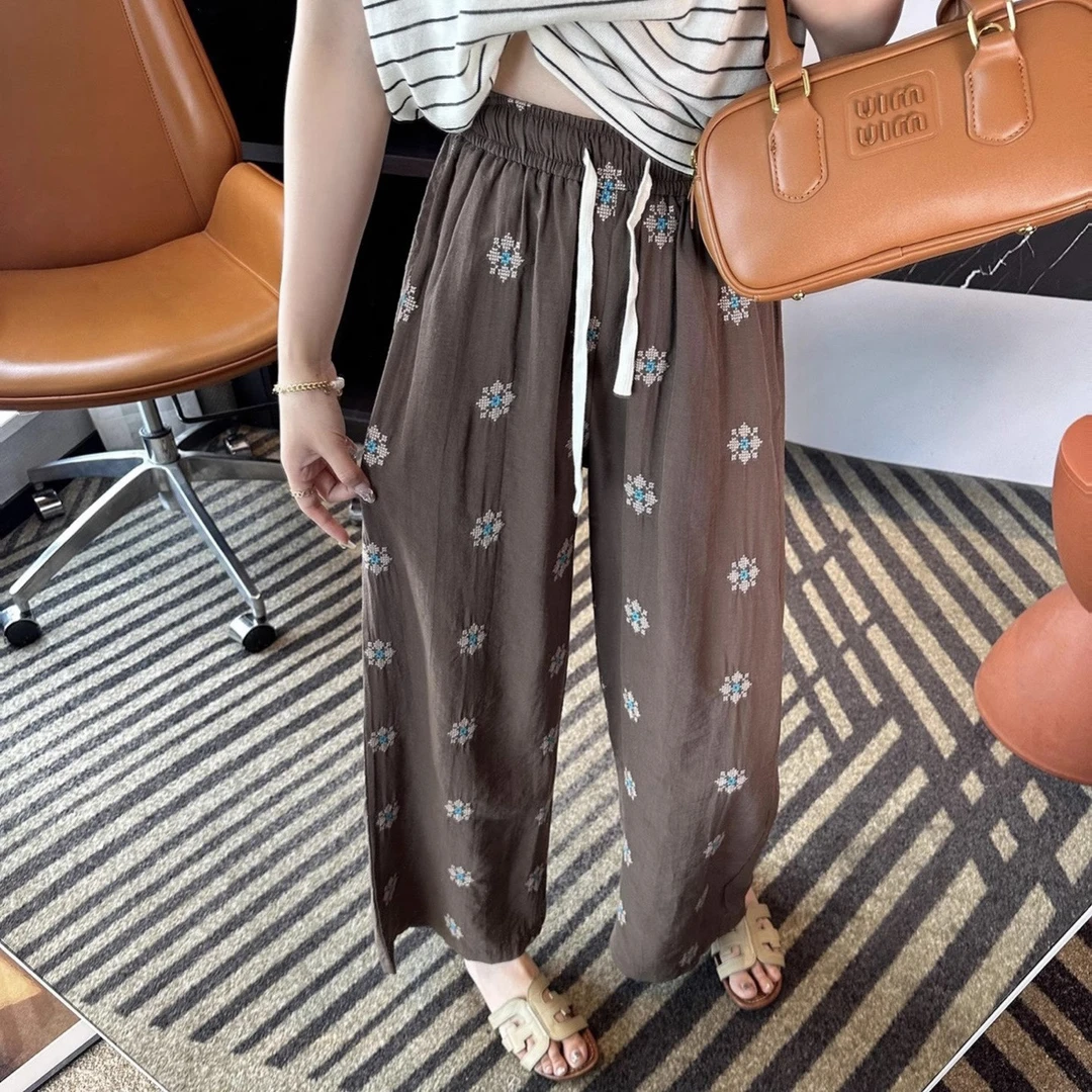 设计感刺绣亚麻阔腿休闲裤女夏季新款梨型身材高腰显瘦直筒九分裤