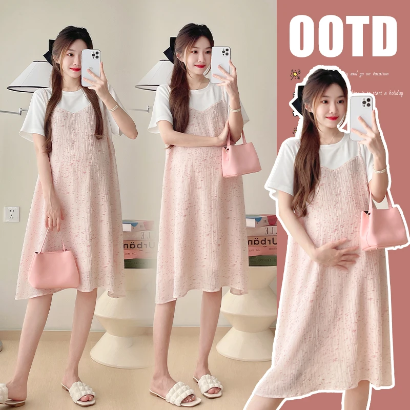 2025新款孕妇夏季百搭假两件拼接显瘦连衣裙外穿休闲温柔风透气