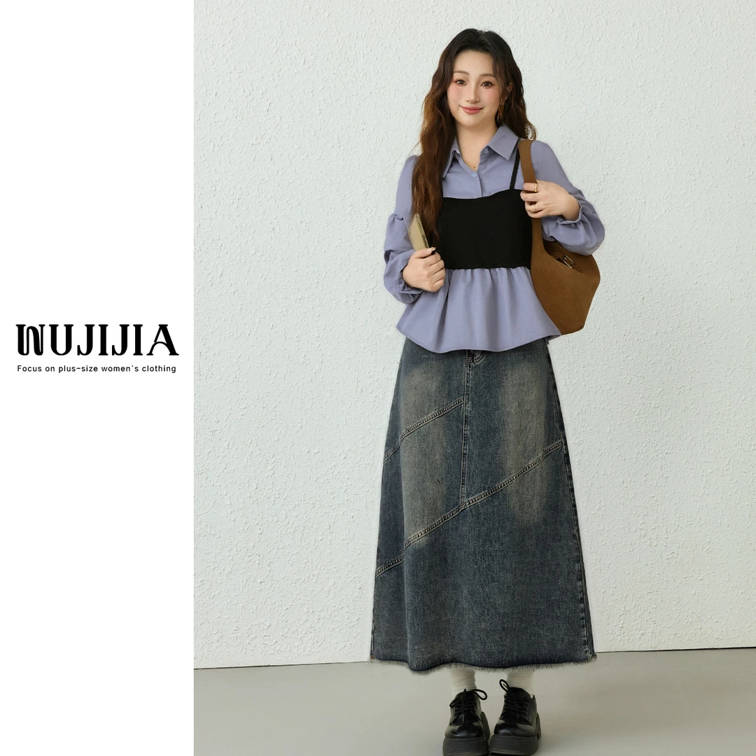 五季家假两件气质减龄黑拼蓝上衣ZL110761+ZL111647半裙大码女装