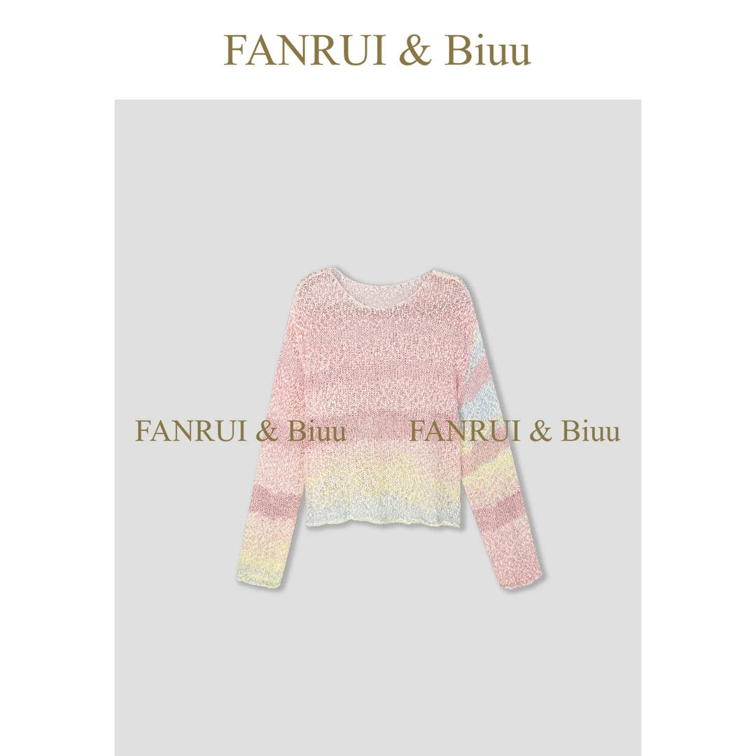 FANRUI/泛芮「沁釉」渐变色轻奢时尚百搭镂空长袖针织上衣女B17180
